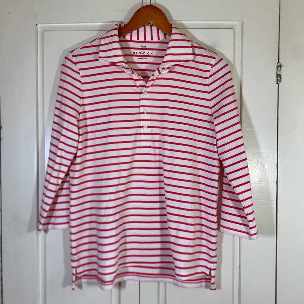 Renwick Womens Red White Striped Pima Cotton 3/4 Sleeve Polo Shirt Size M Preppy